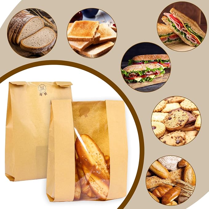 Moretoes 100 Packs Sourdough Bread Bags, Bread Bags for Homemade Bread, with Window Includes Label Seal Stickers for Baked Food Packaging Storage (13.7x8.3x3.5 Inch)