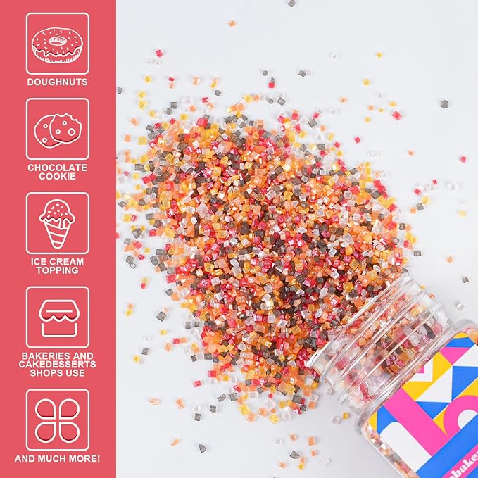 Autumn Sanding Sugar, 120g - Orange, Yellow, Red, White & Brown Edible Sparkling Sugar crystals for Fall Baking Decorations, Cookies, Cakes, Cupcakes - Hallowen Thanksgiving Decor Sugar Crafting
