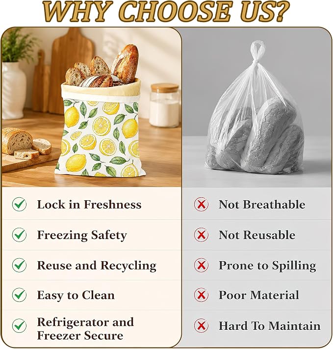 2 Pack Beeswax Linen Lemon Slices Bread Bags, Green Leaves Reusable Fresh Keeping Bags for Sourdough & Baguette, Freezable Portable Bread Storage Container 17×13''