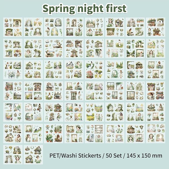 Haruno Theme Sticker Scrapbooking Supplies for Junk Journal, 50 Sheets Washi Stickers - Vintage Journaling Stickers
