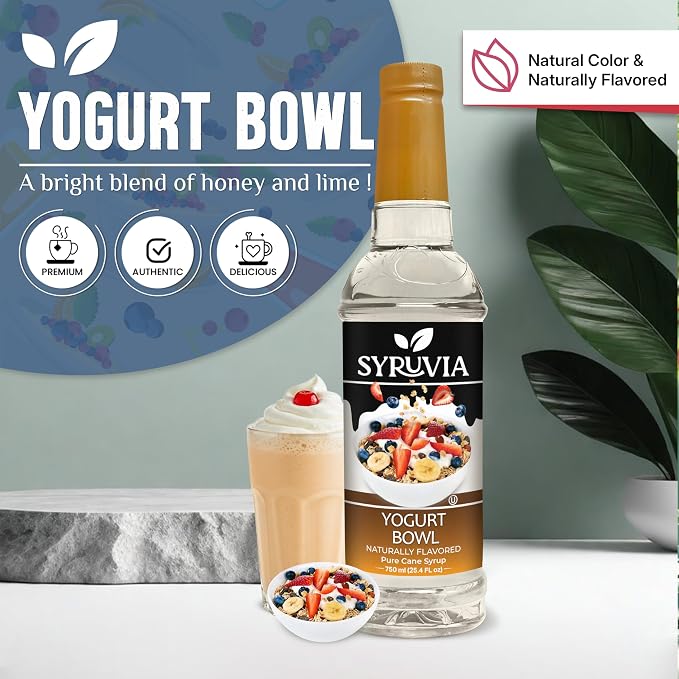 Syruvia Yogurt Bowl Syrup, Naturally Flavored Syrup for Smoothies, Drinks, Lemonades, Iced Teas, and Desserts – 25.4 fl oz - with Pump