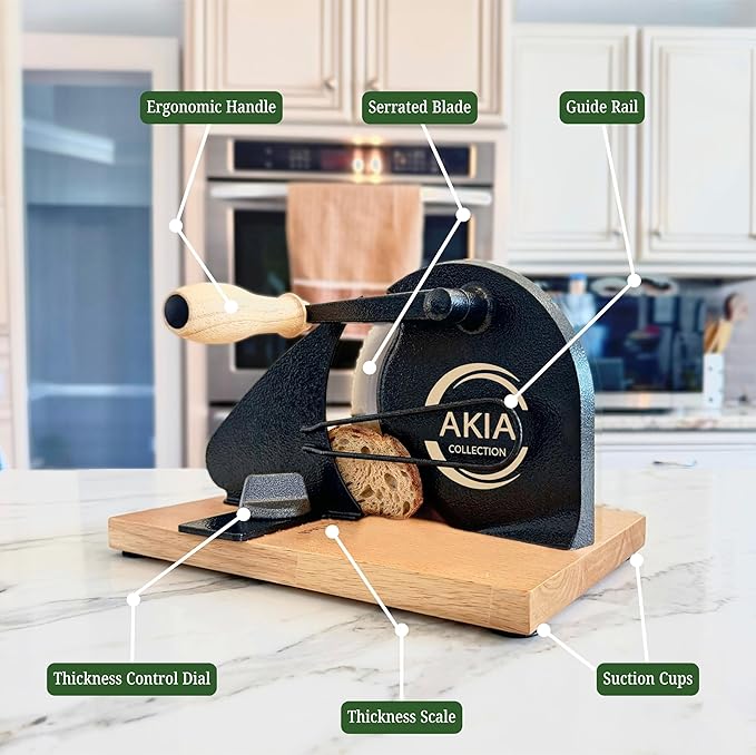 Bread Slicer for Homemade Bread & Sourdough Rounds — Manual Sourdough Slicer, Hand Crank Cutter with Adjustable Thickness, Stainless Steel Blade, Includes Beeswax Bag