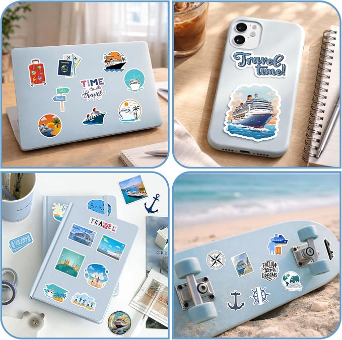 50 Pcs Cruise Travel Stickers for Scrapbooking, Waterproof Vinyl Nautical Ocean Stickers for Laptops Water Bottles Journals, Blue Aesthetic Cruise Ship Decals for Adults