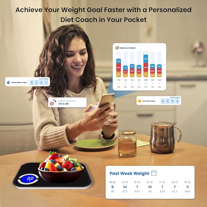 Smart Kitchen Scale- Digital Weight Grams and Oz Food Scale with Nutritional Calculator for Weight Loss, Accurately Track Calories & Macros with Bluetooth Fitness App (Black).