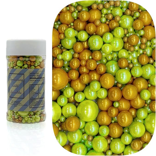 Dynastang Mixed Size Light Green & Gold Pearls Sprinkles Edible Pearls Cake Decorations Cupcake Toppers Decorating Perfect for Cakes, Cupcakes, Desserts 3OZ