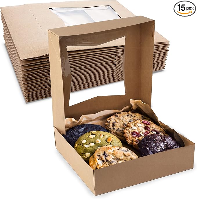 MT Products Kraft Cookie Box 8" x 8" x 2.5" - Auto Pop-Up Bakery Boxes with Window (Pack of 15) - Made in USA