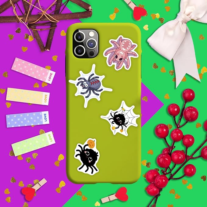 BulbaCraft 100Pcs Spider Stickers for Water Bottle and Laptop - Spider Party Supplies & Decorations, Waterproof Vinyl Decals, Cute and Creepy Stickers, Gifts for Women & Men