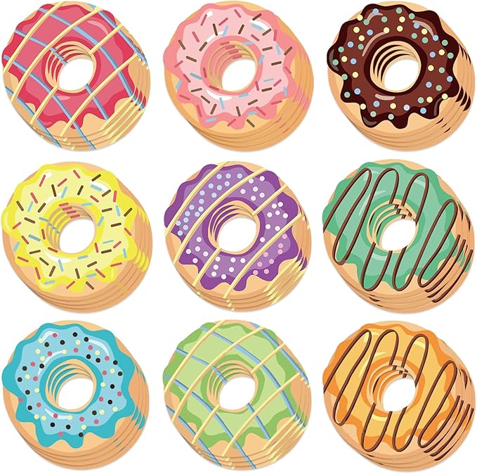 Vuzvuv 90Pcs 5In Doughnut Paper Cutouts with 180Pcs Glue Points,Doughnut Cut Outs Bulletin Board Decorations for Birthday Party Theme Decor Supplies
