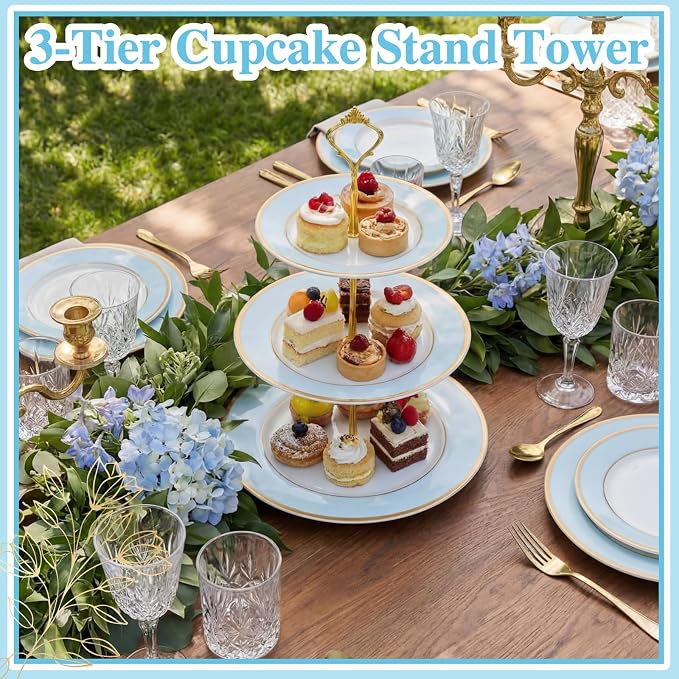 CHENGU 3 Tier Cupcake Stand Blue Ceramic with Gold Frame, 10" 9" 7" Dessert Tower for Baby Shower Birthday Wedding Tea Party, Tiered Cake Holder Display for Cupcakes Pastries Fruits