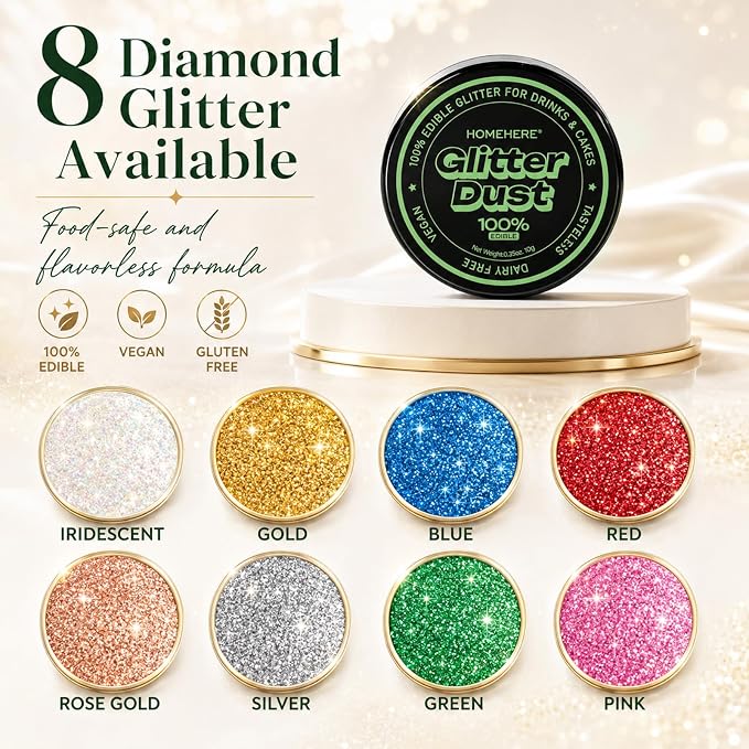 HomeHere Edible Glitter for Drinks & Cakes, 10g Food Grade Disco Diamond Glimmer Dust, Sparkle Powder for Cocktails, Chocolate, Baking Decorations, Vegan& Tasteless (Verdancy)