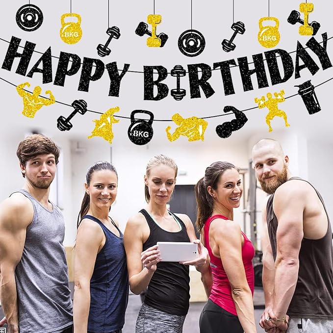 Zwiebeco Black Gold Gym Happy Birthday Banner Bunting Hanging Paper Ornament Garland Party Decorations for Fitness Dumbbells Kettlebells Weightlifting Themed Boys Mens Bday Decor Accessories Supplies