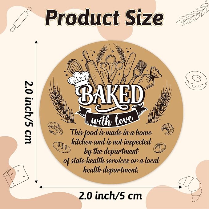 PANTIDE Cottage Food Law Labels Stickers - 500 Count Baked with Love Adhesive Round Decal Roll, Made in A Home Kitchen Inspection Statement for Bakery Baked Food Packaging (2 x 2 Inch, Kraft Brown)