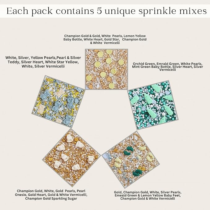 Confect Neutral Baby Shower Sprinkles | Gender Reveal Sprinkles | Pack of 5 Mix Teddy Bears, Baby Feed Bottles & Baby Feet Sprinkle | Vegan, Gluten-Free, Nut-Free, Soy-Free, Dairy-Free, Palm Oil-Free - 5 Oz