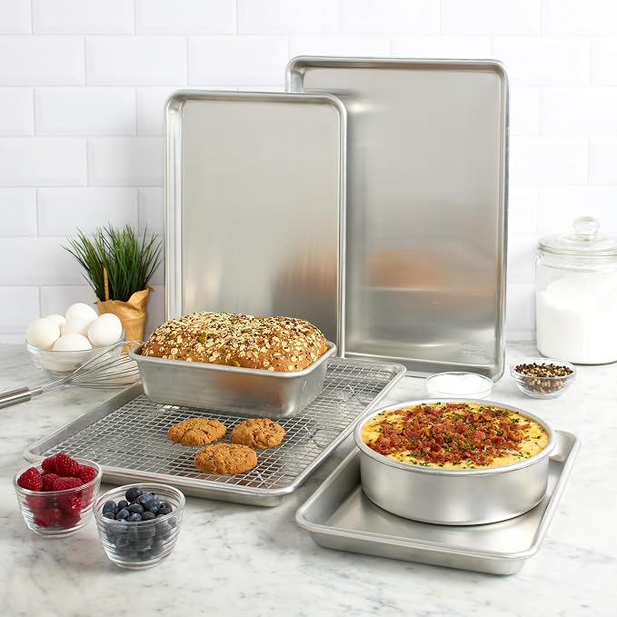 Chicago Metallic 8 Inch Round Cake Pan, Heavy-Gauge Recycled Aluminum Baking Pan with Wire-Reinforced Rim for Even Baking, Layer Cakes, Cheesecakes, Casseroles and Quiches