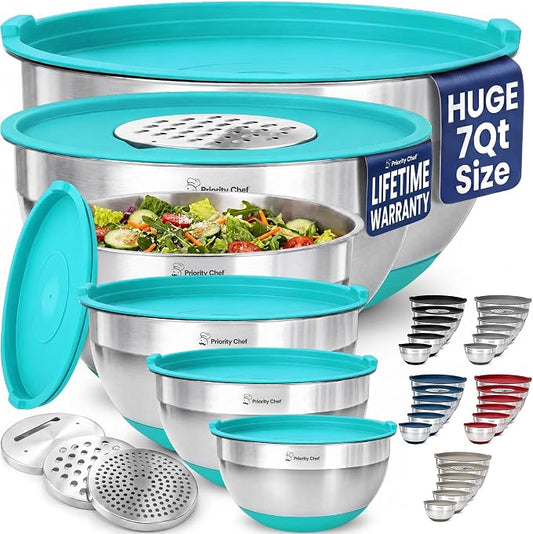 Priority Chef 6pc Stainless Steel Mixing Bowls with Lids Set, 7 Qt, Turq | 6pc Non-slip nesting bowls 1-7 qt, 3 graters & interior measurement marks; for meal prep, baking & airtight fridge storage