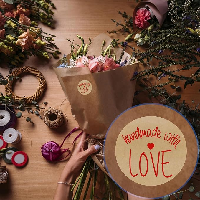 Hybsk Kraft Handmade with Love Stickers with Black Font 1.5" Inch Round Total 500 Labels Per Roll (Type 2)