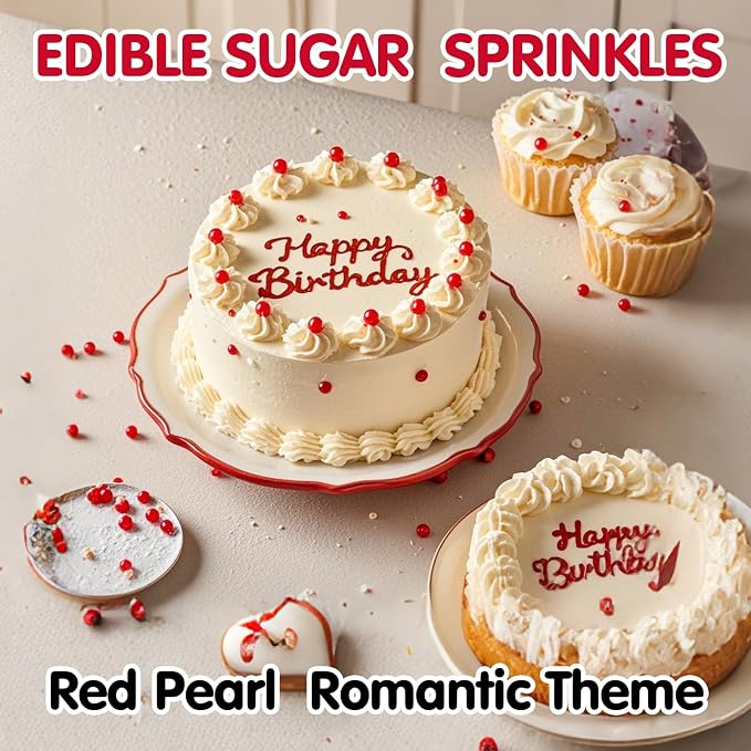 Edible Red Pearl Sprinkles,130g,Edible Pearl Sugar Sprinkles,Baking Edible Cake Decorations,Cupcake Toppers,Cookie Decorating,Donuts Ice Cream Toppings,Wedding Birthday Party Supplies