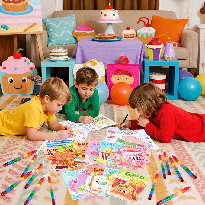 BenLouis 12 Fast Food Mini Coloring Books Kids with 12 Stacking Crayons Snacks Donut Pizza Party Favors Small Activity Books Bulk for Kids Delicious Fast Food Party Gift Goodie Bag Stuffers