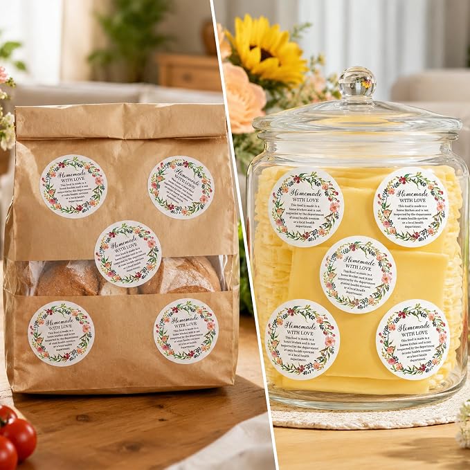 PANTIDE 500 Count Watercolor Flower Cottage Food Law Labels Sticker | Homemade with Love, Adhesive Round Decal Roll, Made in A Home Kitchen Inspection Statement, for Food Packaging, 2 x 2 Inch