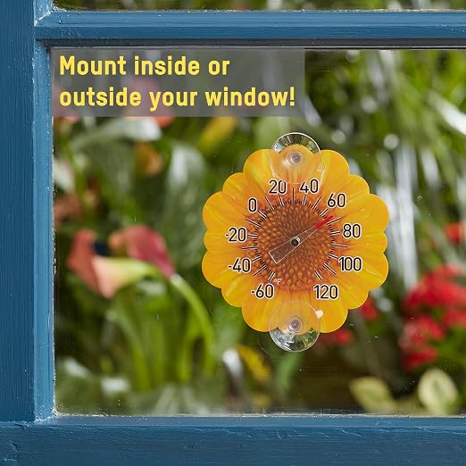 Taylor Sunflower Dial Thermometer, 4-Inch Indoor Outdoor Silicone Suction Cup Thermometer, Weather-Resistant Temperature Gauge for Patio, Pool, Garden, or Garage, Yellow