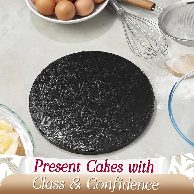 Cakebon Round Cake Boards - Sturdy 1/2 Inch Thick Cake Drums - 10 Inch Professional Base para Pastel Fully Wrapped Edges Black 1-Pack