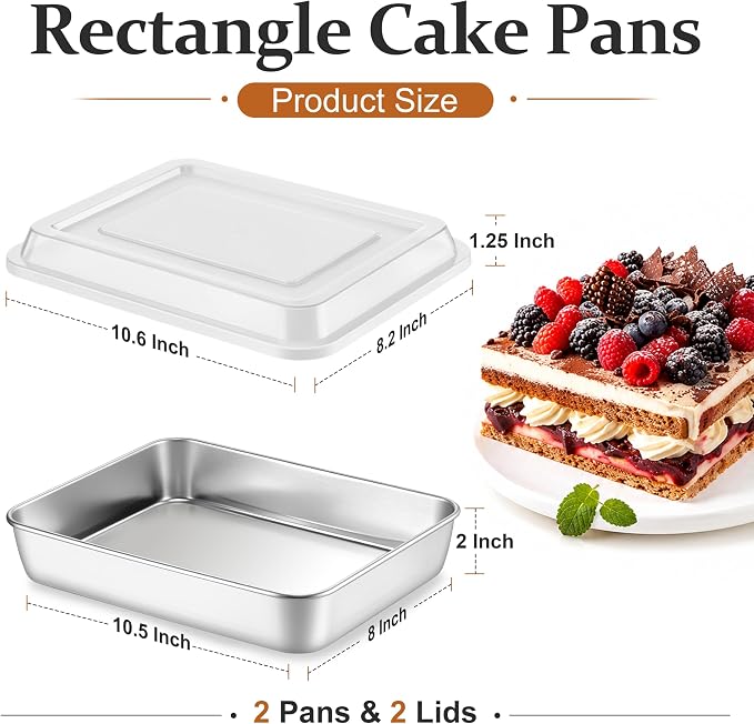 LIANYU 10 x 8 x 2 Inch Rectangular Baking Pan with Lid, 4 Pack Stainless Steel Sheet Cake Pan Set, Brownie Lasagna Bakeware for Kitchen Cooking, Dishwasher & Oven Safe (4 Pan +4 Lid)