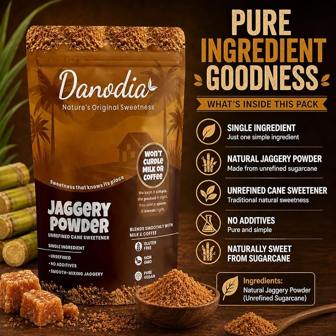 Danodia Foods Organic Jaggery Powder, Cane Gur Sweetener, 2 lb Pack | Fine sugarcane gur sweetener for chai, coffee, baking, cooking, desserts and Indian pantry recipes; Indian pantry sweetener