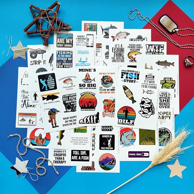 100Pcs Funny Fishing Stickers — Fisherman Decals for Laptops, Water Bottles, Scrapbooking — Fishing Gifts for Men & Women, Laptop Decals, Gifts for Women & Men