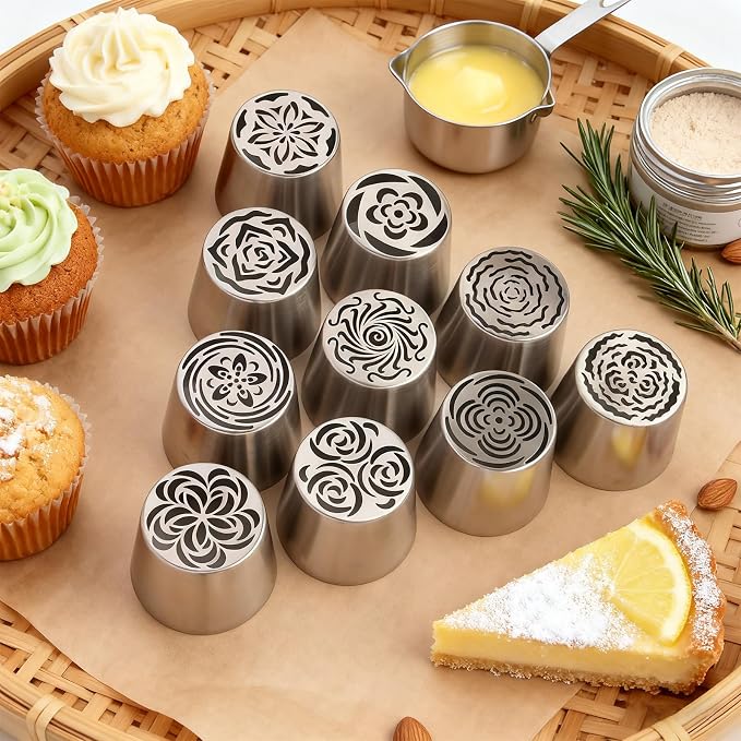 10 Pcs Extra Large Cake Decorating Russian Flower Piping Tips Set, Oversize Russian Flower Piping Tips, 2 Leaf Piping Nozzles,10 Disposable Pastry Bags with 1 Cleaning Brush for Cake Decorations
