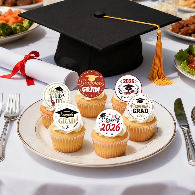 63 PCS Edible 2026 Graduation Cupcake Toppers Class of 2026 Cupcake Picks Edible Diploma Congrats 2026 Grad Cap Cupcake Decorations for Congratulations 2026 Graduation Party Cake Decorations Supplies