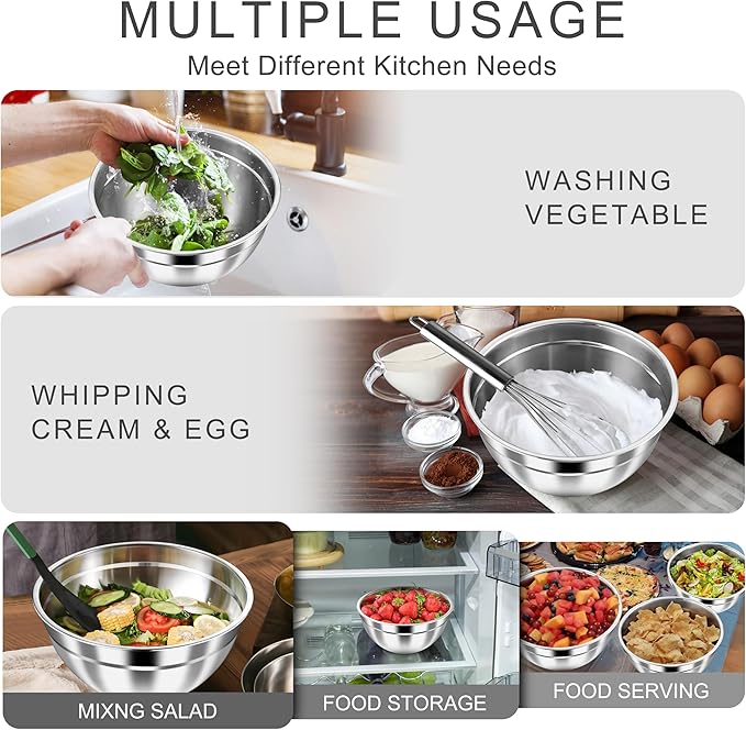 HaWare Mixing Bowls with Airtight Lids, 6-Piece Stainless Steel Salad Bowls, Strong Nesting Bowls for Cooking, Prepping, Baking, Serving & Food Storage, Stackable Design, Size 4.6, 3, 1.5QT, Colorful