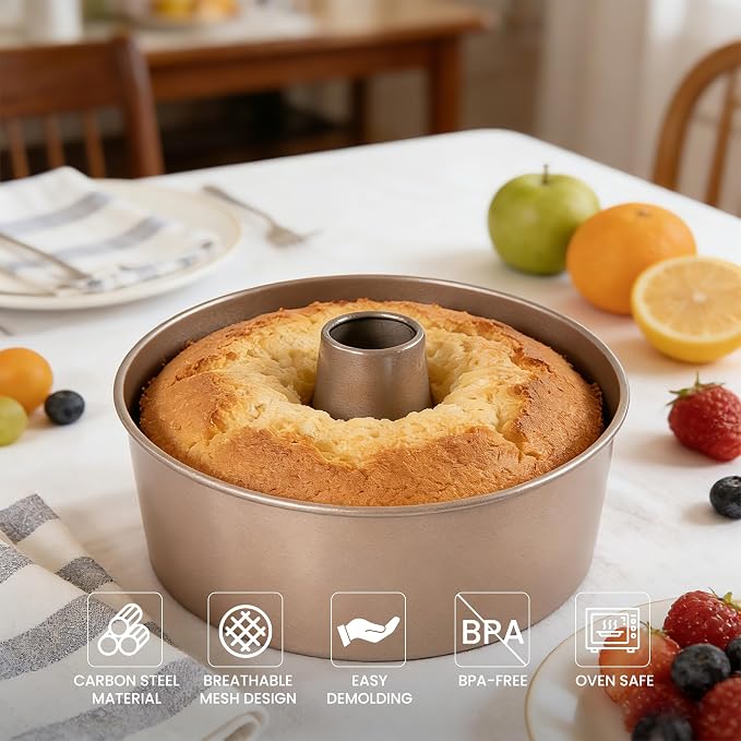 7 Inch Nonstick Tube Pan for Baking, Angel Food Cake Pan with Removable Bottom & Cooling Feet, Heavy Duty Carbon Steel Cake Pan for Pound Cake, Coffee Cake, Chiffon Cake and More
