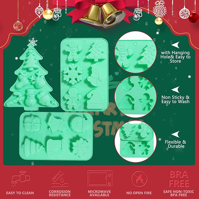 Silicone Christmas Mold - 3 Pack Nonstick Chocolate & Candy Mold for Baking, Cake Decoration & Handmade Soap - Includes Xmas Tree, Santa & Snowman