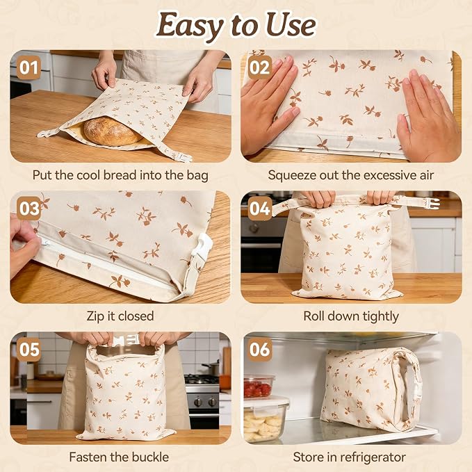Beeswax Bread Bags for Sourdough, 2 pcs Reusable XL Zipper Beeswax Bread Bags for Homemade Bread Sourdough, Cotton Linen Food Storage Bag for Picnics, Pantry, Long-Lasting Freshness (Rose+Checkered)