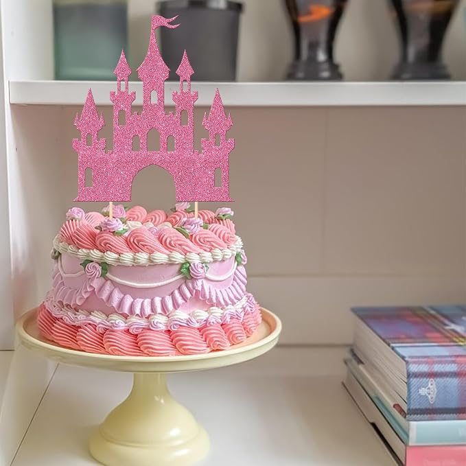 1 PCS Castle Cake Topper Glitter Queen Princess Castle Cake Pick Castle Theme Birthday Party Decoration for Princess Happy Birthday Girls Baby Shower Party Cake Decorations Supplies Pink