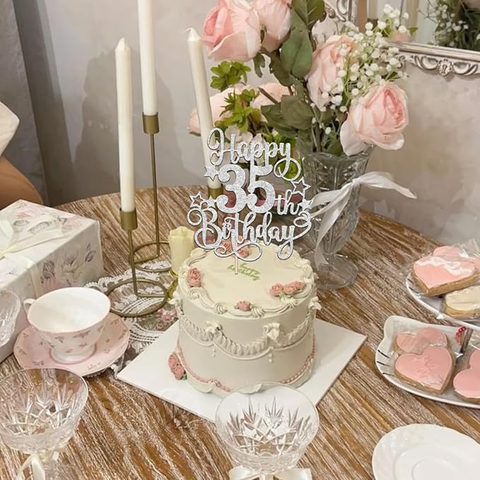 1 PCS Happy 35th Birthday Cake Topper Glitter Cheers to 35 Years Birthday Cake Pick Hello 35 Fabulous Cake Decoration for Happy 35th Birthday Anniversary Party Decorations Supplies silver