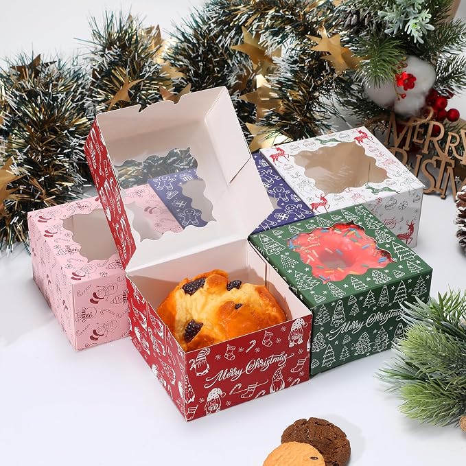 COTOPHER 30Pcs Christmas Cookie Boxes for Gift Giving, 4x4x2.5 inch Bakery Box with Window, Xmas treat Boxes for Holiday Party Favor Pastries, Cupcakes, Muffins Donuts Chocolate, Gift Wrapping
