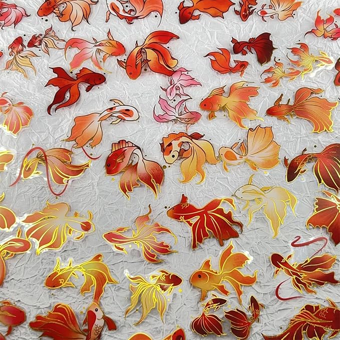 Goldfish Stickers with Gold Holographic Outlines, 50Pcs Glitter Shiny Koi Waterproof Decorative Decals for Scrapbooking Supplies Junk Journal Bullet Journals Planners (colourful-B13)