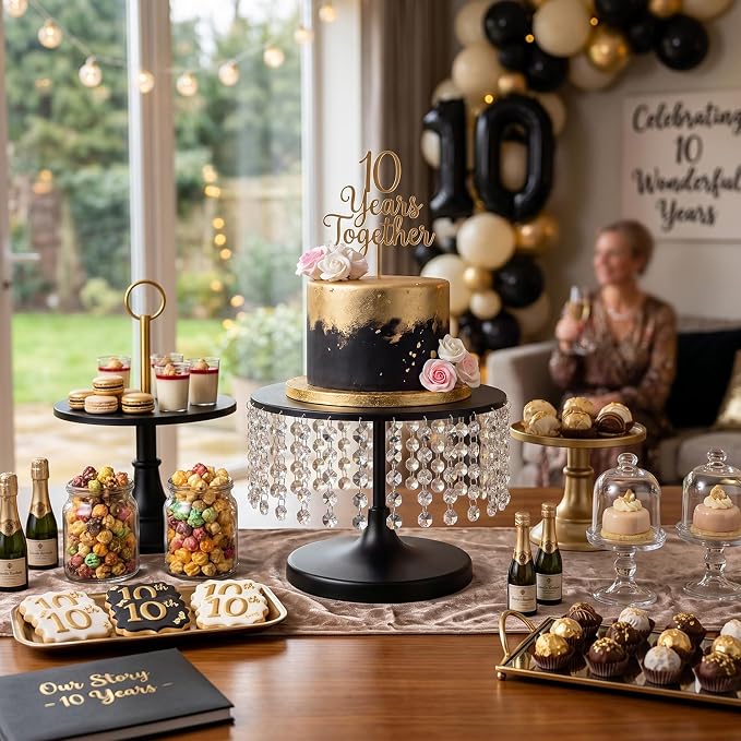 Metal Cake Stand Set with Crystal Pendants - Elegant Dessert Table Display for Weddings, Birthday Parties, Baby Showers, Events - Sturdy Crystal Bling Cupcake Stands for Pastries, Sweets, Decorations (Black, 2 PCS-L)