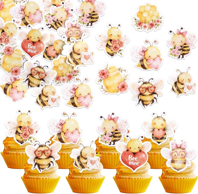60 PCS Edible Bumble Bee Cupcake Toppers Wafer Paper Love Heart Flower Oh Babee Cupcake Picks Edible Honey Bee Cupcake Decorations for Baby Shower Kids Birthday Party Cake Decorations Supplies