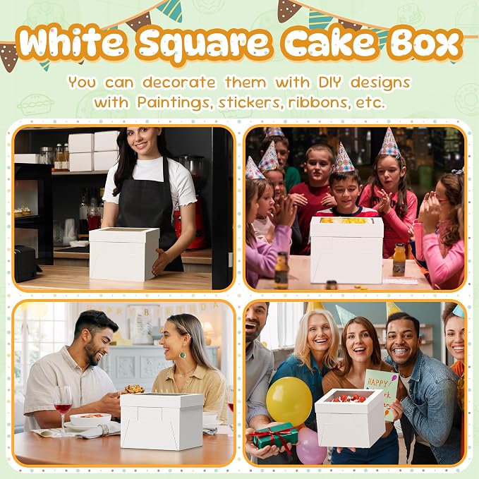 12 Pack Cake Boxes, 12x12x8 Inches Tall Cakes Box, White Cake Boxes with large Window, Square Bakery Box, Disposable Cakes Transport Containers, for Cake Cookie Dessert Pastry, Birthday Party, Wedding