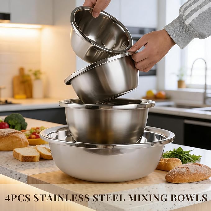 Mixing Bowls Set of 4, Stainless Steel, 7.9-14.2 Inch | Includes 7.9, 8.6, 10.2 and 14.2 inch bowls for baking, mixing dough, preparing salad and everyday kitchen use