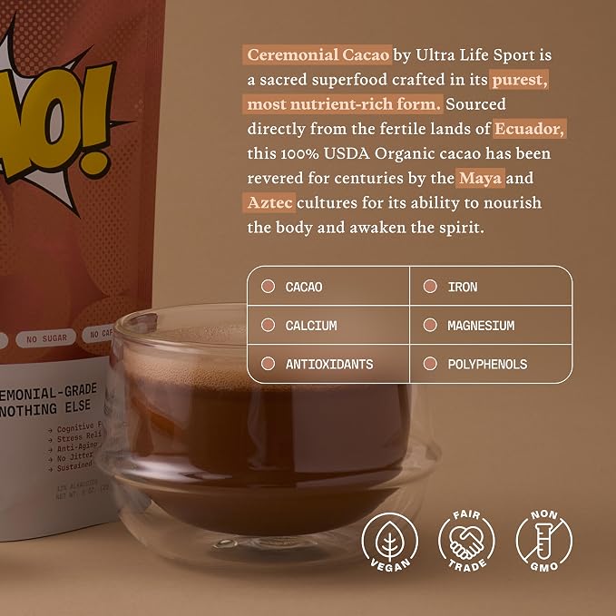 Ultra Life Sport - Ceremonial Cacao - 100% USDA Raw Organic Cacao Powder Superfood - Contains Theobromine with Antioxidants, Iron, Magnesium, and Calcium - A Coffee Substitute, Caffeine Free - 1/2 lb