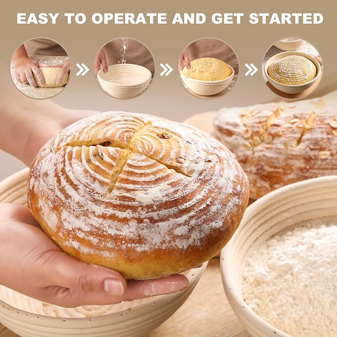 Bread Proofing Baskets Set of 2 10 inch Round Dough Proofing Bowls W/Liners Perfect for Home Sourdough Bakers Baking (10Inch, Round)
