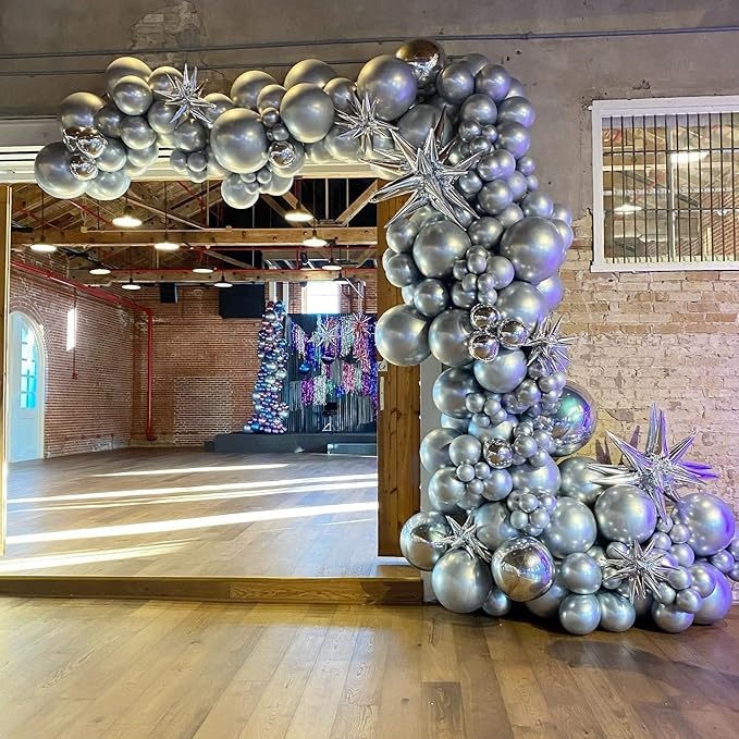 Silver Balloon Arch Kit, 143Pcs Chrome Metallic Silver Latex Balloon Garland kit, 18 12 10 5Inch Different Size Balloons for Wedding New Year Anniversary Baby Shower Birthday Party Decorations