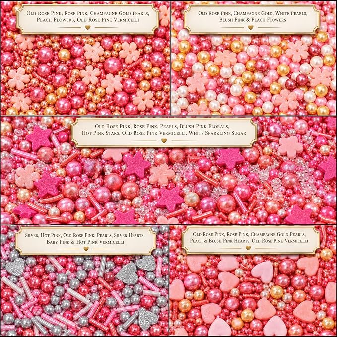 Confect Pretty in Pink, Gold & White Flower & Pearl Sprinkles Mix – Heart & Star Edible Sprinkles for Cakes, Cupcakes, Cookies – Valentine’s Day Baking Decorations – Pack of 5 - Vegan, Gluten-Free, Nut-Free, Soy-Free, Dairy-Free, Palm Oil-Free- 5 Oz