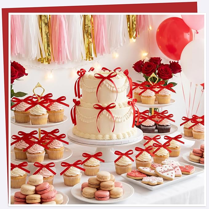 NatNarr 30 Pack Bow Cake Toppers Red Ribbon Bows for Cake Bow Cupcake Toppers Back to School Decorations Bow Birthday Decorations for Baby Shower, Wedding, Engagement, Bachelorette Party