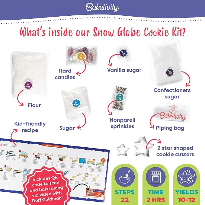 Baketivity Snow Globe Cookies Baking Kit - Duff Goldman Cooking Recipe - DIY Family Fun Cookie Making Kit - Pre Measured Ingredients Cookie Baking Kit for Kids - Tiny Gift for Kids, Teens, And Adults