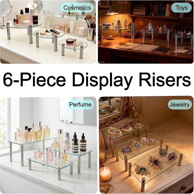 6 Pack Tempered Glass Cake Stands Set 9 11 13 Inch Round & Rectangular Cupcake Stand Dessert Display Riser Serving Platter Plate for Decoration Table Party Wedding Baby Shower