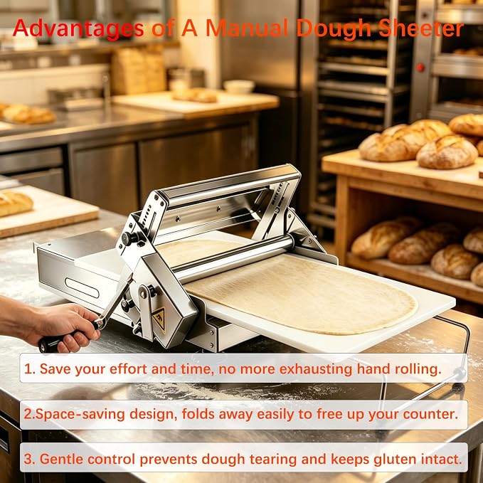 Folding Dough Sheeter, Manual Dough Rolling Machine, Adjustable Thickness, Stainless Steel Manual Dough Sheeter for Croissants, Pizza, Pastry, Home & Commercial (12in) | Adjustable Thickness